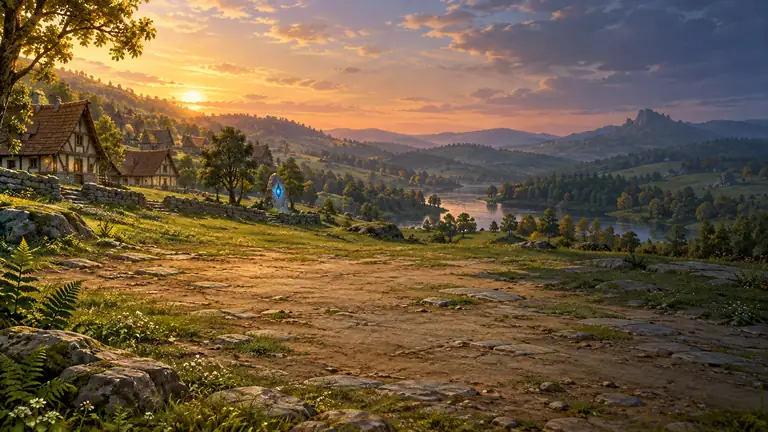 A hillside village of timber-framed cottages at sunset above a river valley, with a faint blue crystal standing stone beside a stone wall.