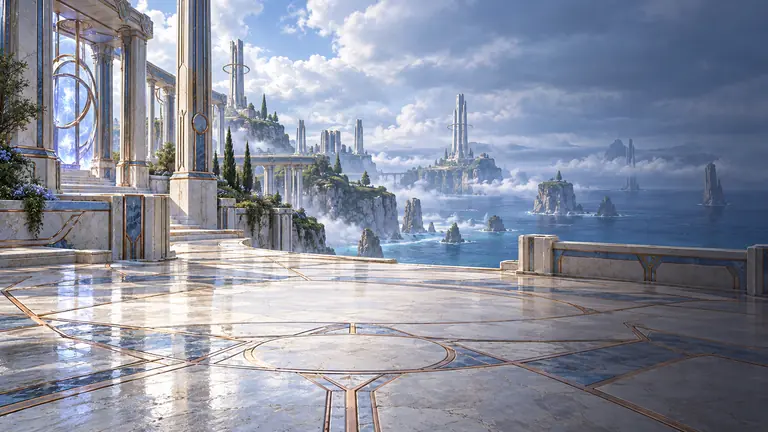 A polished pale terrace with copper inlay and slender towers ringed in metal hoops, above sea stacks and low cloud; blue-white light glows in a doorway.
