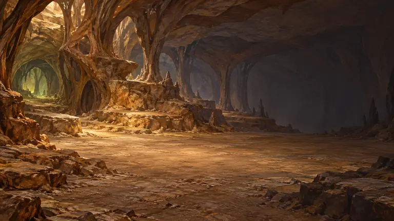 A hive cavern of amber mineral walls with root-like columns, and a green glow in a distant tunnel.