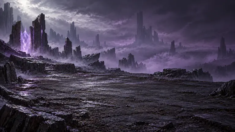 Black slate monoliths rise from violet fog under a heavy dark sky, with a faint amethyst glow between two standing stones.