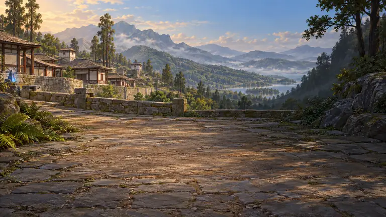 A stone terrace beside a walled timber village, overlooking misty forested mountains and a lake in morning light.
