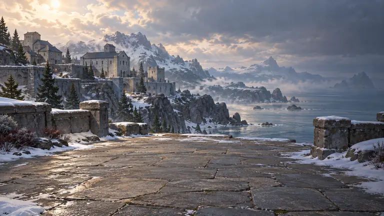 A snow-dusted stone terrace overlooks a walled hilltop settlement, jagged snowy peaks and a misty grey sea.