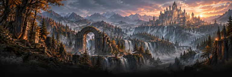 A wide misty valley of waterfalls and pine forest at sunset, with a weathered stone archway in the middle distance and a pale fortress city on far cliffs.