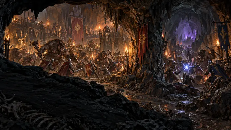 A torchlit cave warren crowded with hulking tusked brutes while rival armoured fighters under red and blue banners battle each other over the pulls, with a violet glow in the far chamber.