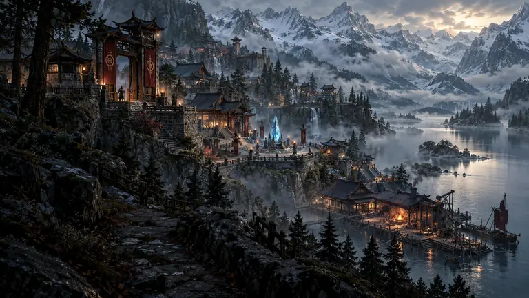 A hidden mountain village of dark timber and tiled roofs terraced above a still grey-blue lake beneath snow peaks, a blue lifestone glowing at its heart, a smithy on the shore and crimson banners on the gate.