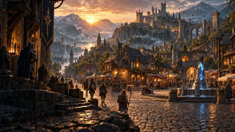 A starter town at golden hour: timber-framed shops and a cobbled square beneath a hilltop keep, new adventurers crossing the square past watchful dark-armoured figures and a glowing lifestone fountain.
