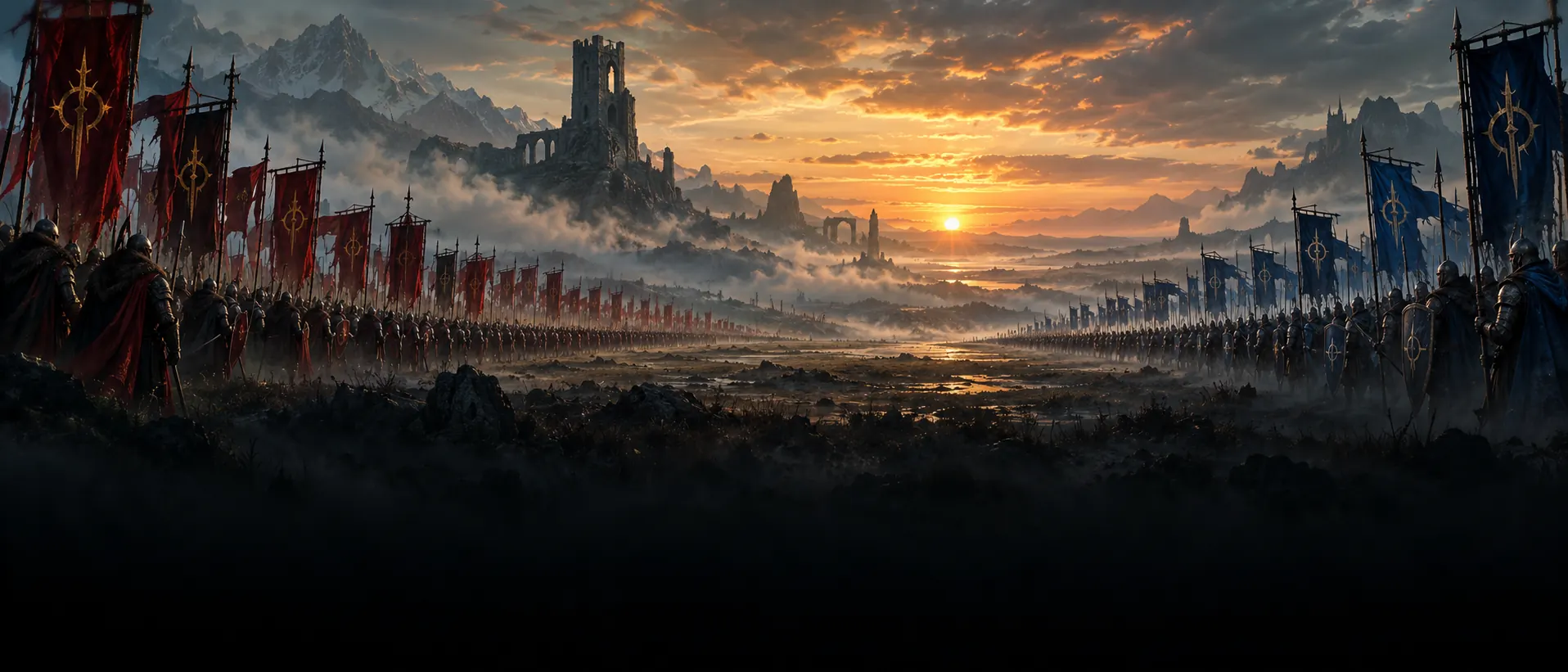 Two vast armies with crimson and blue banners face each other across a misty plain at sunrise, a ruined watchtower between them.