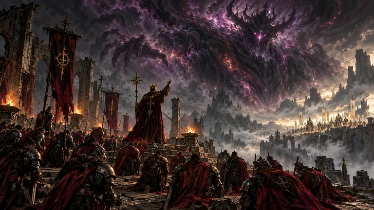 A crowned monarch in a crimson cloak raises a hand before kneeling armoured warriors in a ruined courtyard as a vast violet storm-shadow looms overhead; on a distant ridge a line of white-and-gold defenders raise banners.
