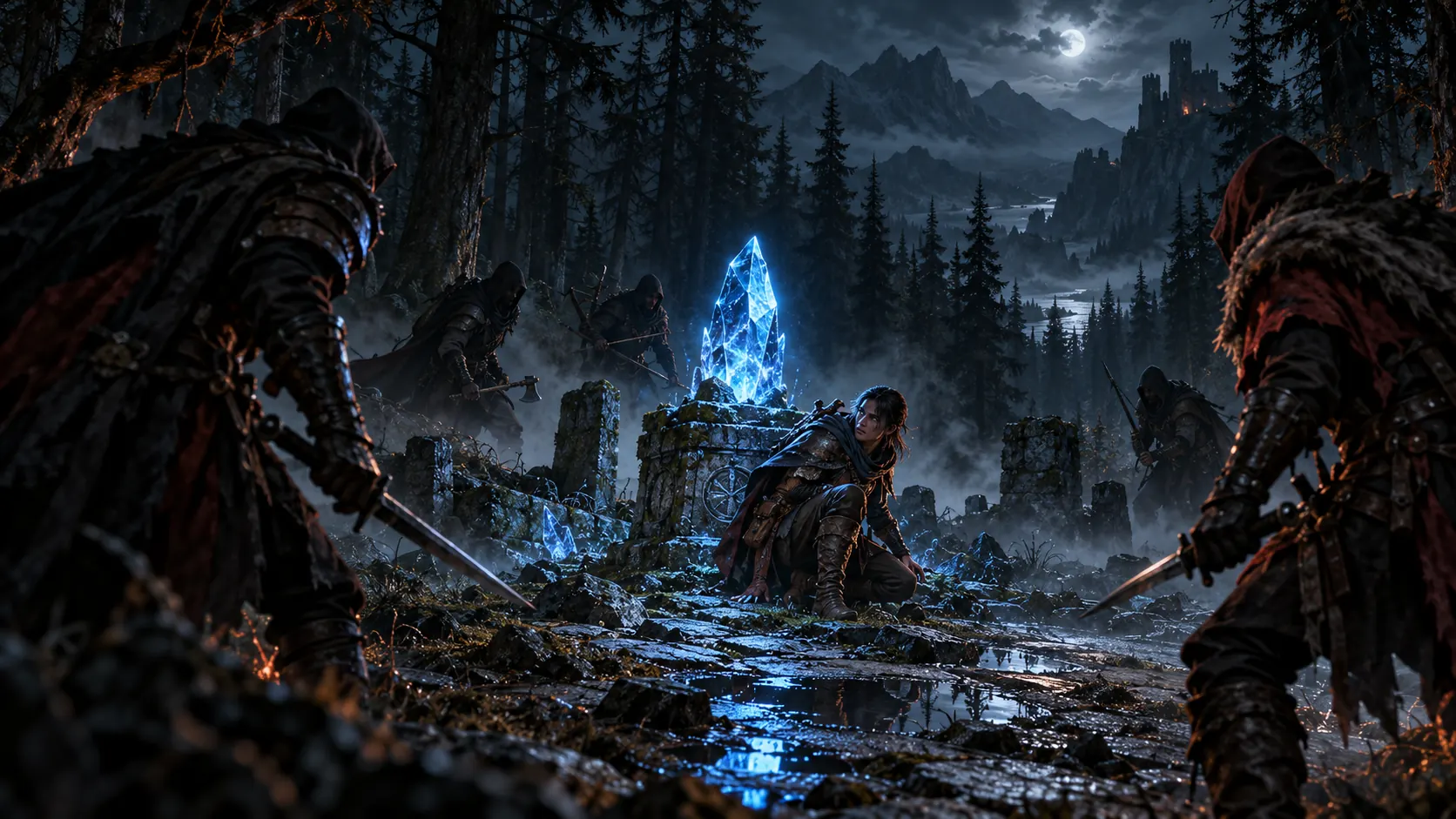 At night a lone adventurer crouches beside a glowing blue lifestone as hooded hunters with drawn weapons close in from the pine forest.