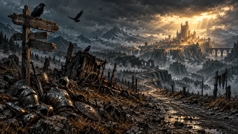 A frontier road winds past a broken signpost, a burned wagon and a cairn of discarded armour toward a golden-lit fortress city under a storm sky.